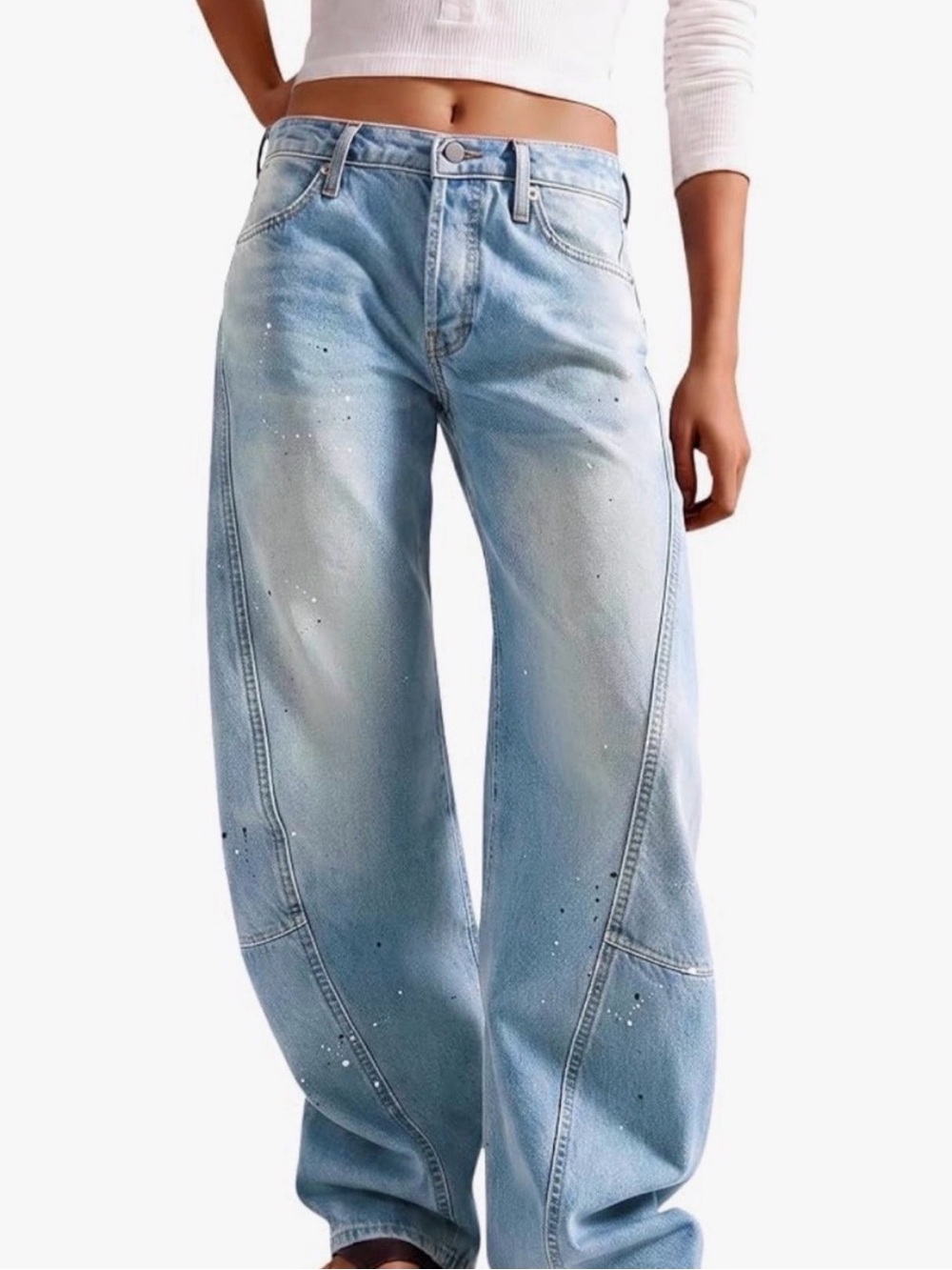 High-Rise Light Blue Wide-Leg Jeans with Subtle Paint Detail